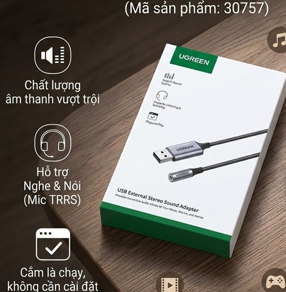 USB 2.0 Type-A Sang 3.5mm Hỗ Trợ Mic D&acirc;y D&ugrave; UGREEN 30757 D&agrave;i 25cm